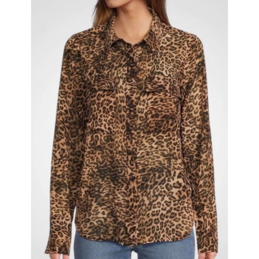 GOOD AMERICAN Womens Leopard Print Button Down Long Sleeve Shirt‎ Size 3 Large
